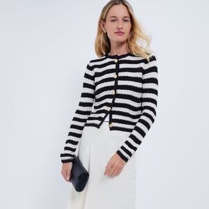 Moon River NWT Women’s Black & White Striped Cardigan Large Knit Gold Button